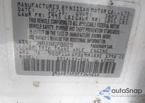 2015 Nissan Sentra Sv z USA, uszkodzony, nr VIN 3N1AB7AP2FY364215